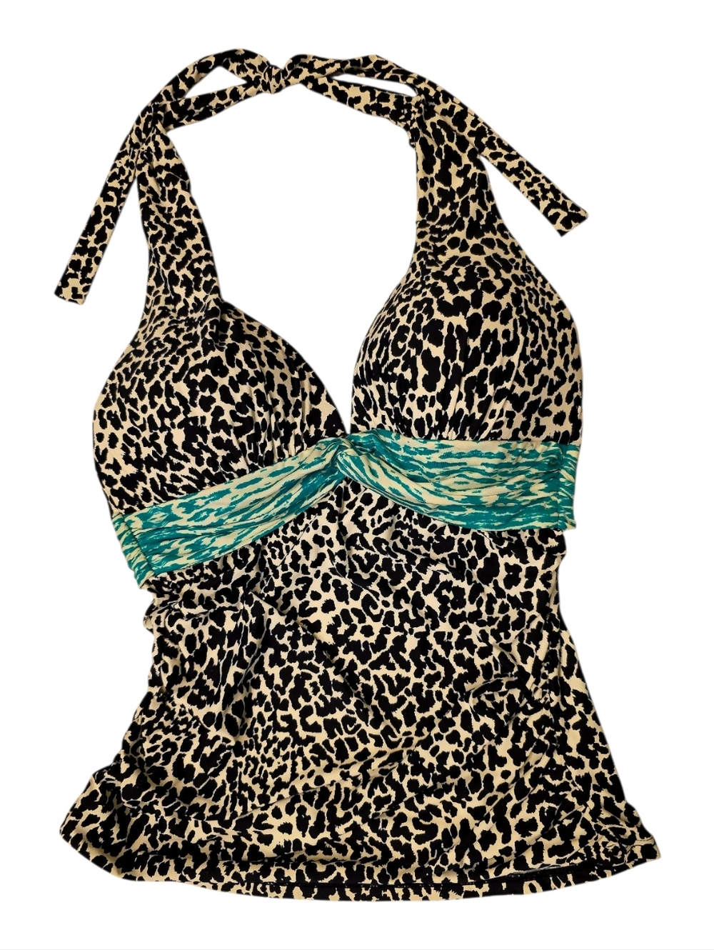 La Blanca Black and Cream Leopard Halter Tankini with Teal Trim